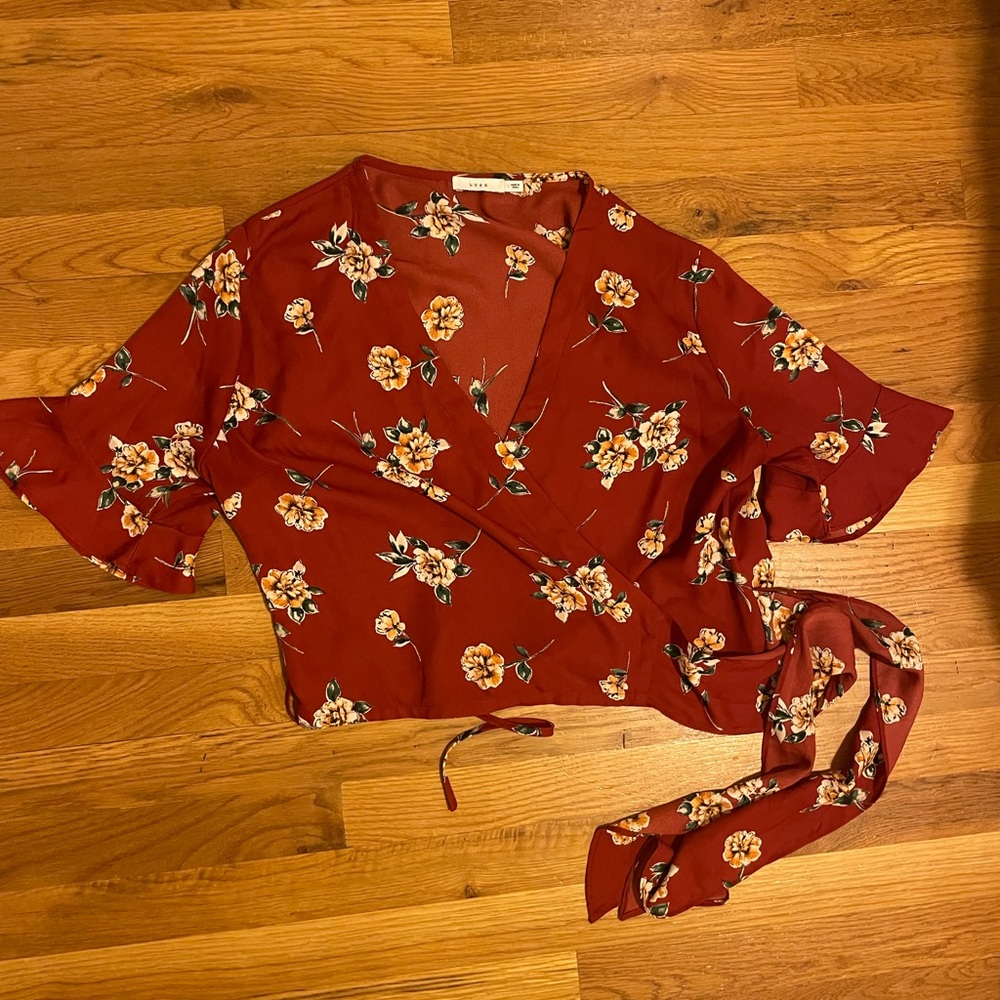 Lush Crop Floral Wrap Blouse, Size L